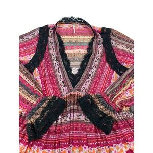 Free People Womens XS Pink Paisley Lace Trim Babydoll Tunic Long Sleeve Top